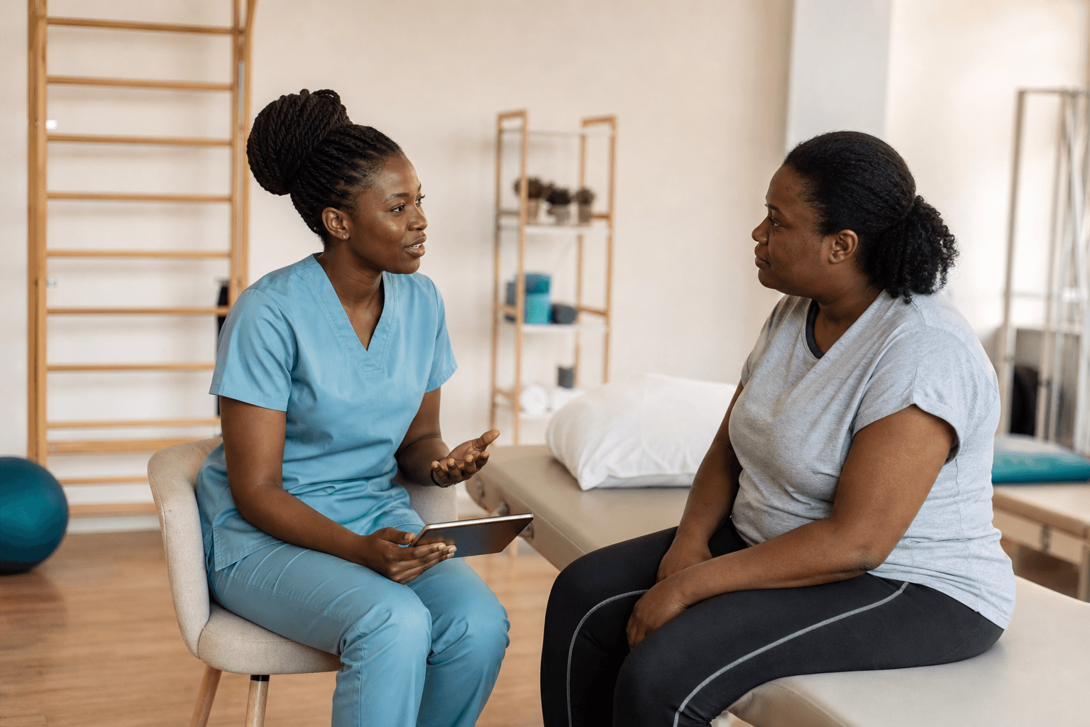 A physiotherapist speaking with a patient in a wellness clinic